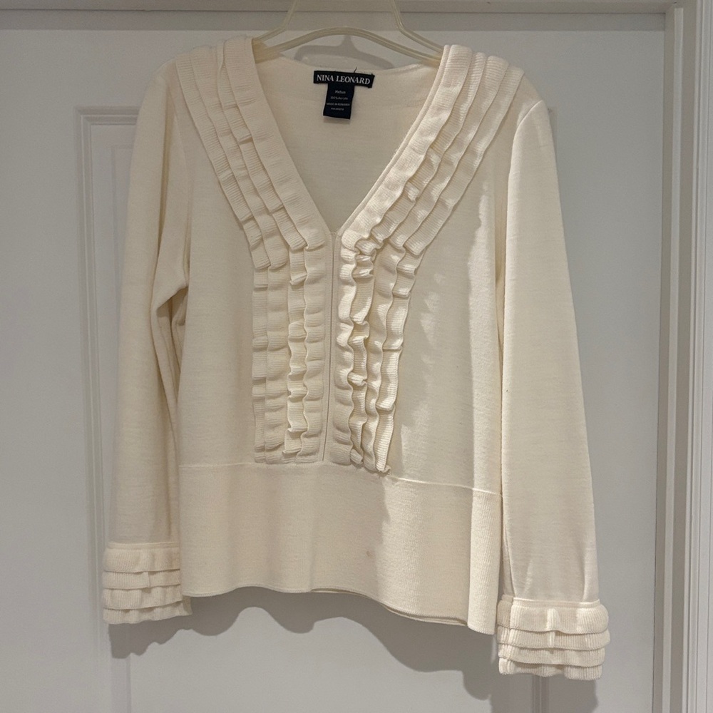 Nina Leonard Ivory Ruffle Knit Top